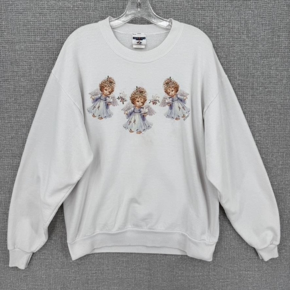 Vtg JERZEES Sweatshirt Womens L White Angels Cherub Graphic Crewneck 90s